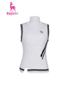 Women's knit vest with stand collar, in white and black stripe trims.