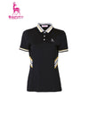 Women's short sleeve polo with yellow stripe trims, in black.