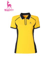 Women's short sleeve polo, in black and yellow color blocking.