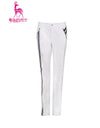 Women's straight pants, in white, with black stripe accents.