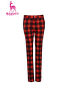 Women's slim pants, in red and plaid print.