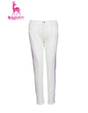 Women's stretchy slim pants with purple accents, in white.