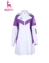 Women's middle-length rain coat, in white and purple color blocking.