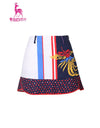 Women's A-line skirt, in white and navy color blocking, with phoenix print, red and blue stripe trims.