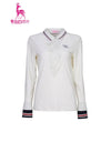 Women's long sleeve polo, in white, with folded chiffon decoration, red and navy stripe trims.