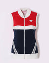 Women's knitted vest with stand collar, in red and navy color blocking.