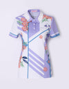 Women's purple short sleeve polo, in geo and floral mix print.