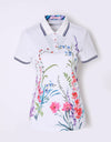 Women's short sleeve polo, in white , with floral print.