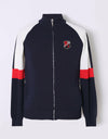 Men's long sleeve cardigan, in navy, white and red color blocking.