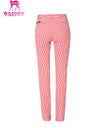 Women's slim pants, in red stripe and unbrella print.