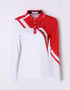 Women's long sleeve polo, in red and white color blocking