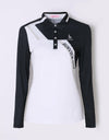 Women's long sleeve polo, in black and white color blocking