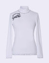 Women's white long sleeve layering top with mock neck, slogan print