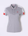 Women's short sleeve polo, with red and white color blocking on sleeves.
