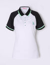 Women's white short sleeve polo, with green stripe trims, black contrasting sleeves