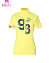 Women's short sleeve layering top with mock neck, in yellow, floral print. 