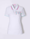 Women's short sleeve polo, in white, with rhinestone logo. 