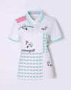 Women's short sleeve polo, with white, pink and blue floral print.