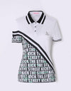 Women's short sleeve polo,in white and black color blocking, letter printing.