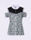 Women's off-shoulder polo, with stand zipped collar, in green, white and black color blocking, and letter print.