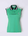 Women's sleeveless top, in green, with balck and white trims on shoulder and sleeves.