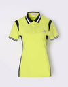 Women's short sleeve polo, in yellow, with black color blocking on both sides.