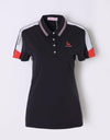 Women's short sleeve polo, with red and white color blocking on sleeves