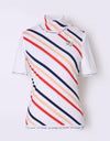 Women's white short sleeve layering top, mock neck, candy stripes. 
