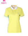 Women's short sleeve polo, in yellow,  with blue stripes on both sides.