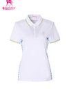 Women's short sleeve polo, in white,  with blue stripes on both sides.