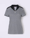 Women's short sleeve polo, with stand collar, in black and white stripes.