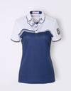 Women's short sleeve polo with cat shape print, in navy and white color blocking.