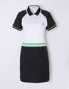 Women's mid-length golf dress in black and white color blocking, pop color waist band, waist-control.