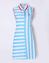 Women's mid-length dress, with all-over  blue and white  stripes, and red trims.