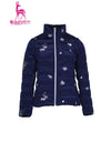 Women's down jacket, with detachable sleeves, in navy and floral embroidery.