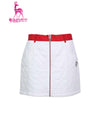 Women's zipped A-line skirt with padding, in red and white color blocking.