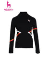 Women's long sleeve layer top with mock neck, in black, red and white stripe trims.