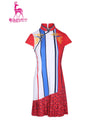 Women's mid-length cheongsam, in white and navy color blocking, with phoenix print, red and blue stripe trims.