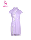 Women's mid-length cheongsam, in purple, with butterfly print.