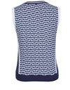 Women's knit vest, with white stripe accents, in blue.