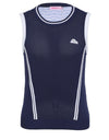 Women's knit vest, with white stripe accents, in blue.