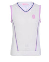 Women's knit vest, with purple and pink stripe accents, in white and butterfly print.