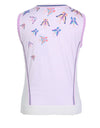 Women's knit vest, with purple and pink stripe accents, in white and butterfly print.