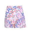Women's A-line skirt with pleated hem, in pink and colorful butterfly print.