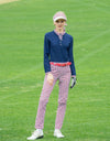 Women's long sleeve polo with geo printed neck, in navy.