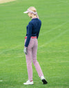 Women's long sleeve polo with geo printed neck, in navy.