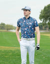 Men's short sleeve polo, with light blue stripe trims and all-over floral print, in navy.