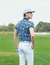 Men's short sleeve polo, with light blue stripe trims and all-over floral print, in navy.