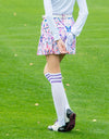 Women's A-line skirt with pleated hem, in pink and colorful butterfly print.