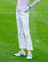 Women's straight pants with flared bottom, in light grey.